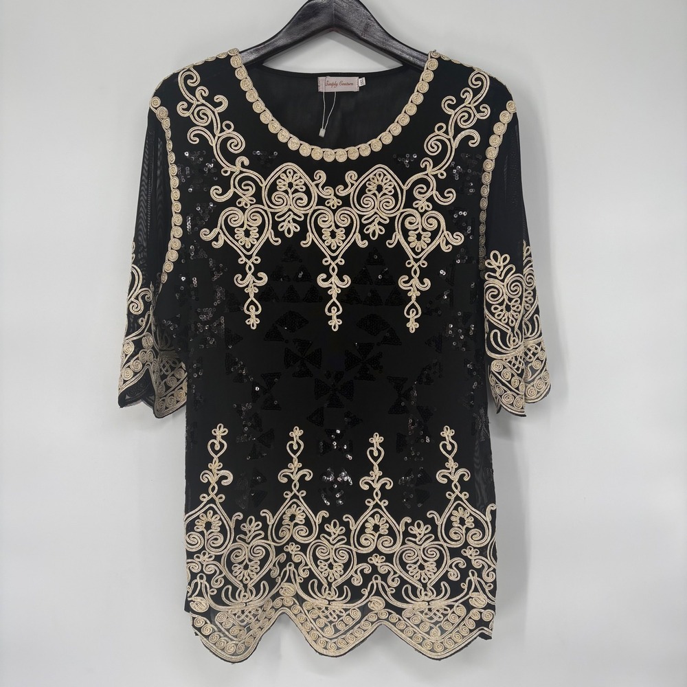 Simply Couture Womens 3XL Black Gold Soutache Sequin Mesh Tunic Top 3/4 Sleeve